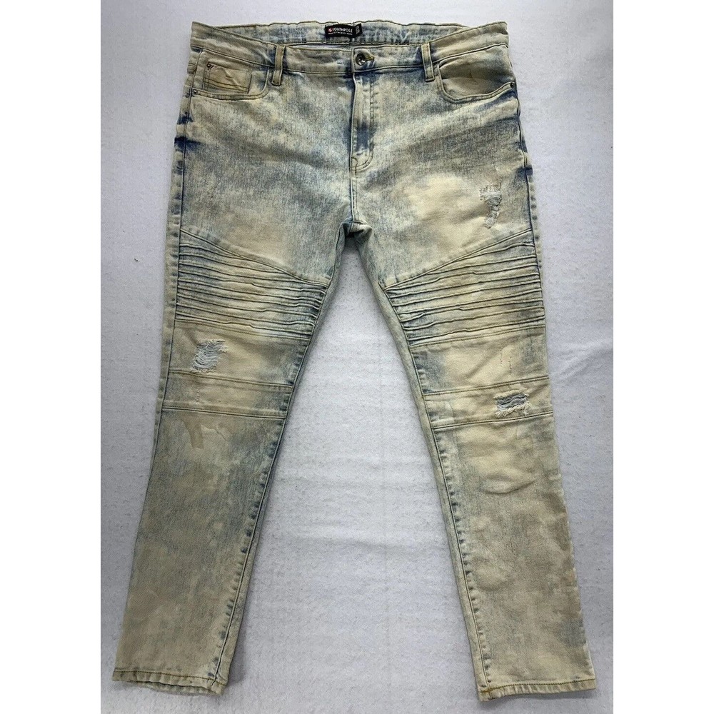 Southpole Jeans Denim Mens Size 40X32 Light Blue Skinny Moto Oil Stained Grunge